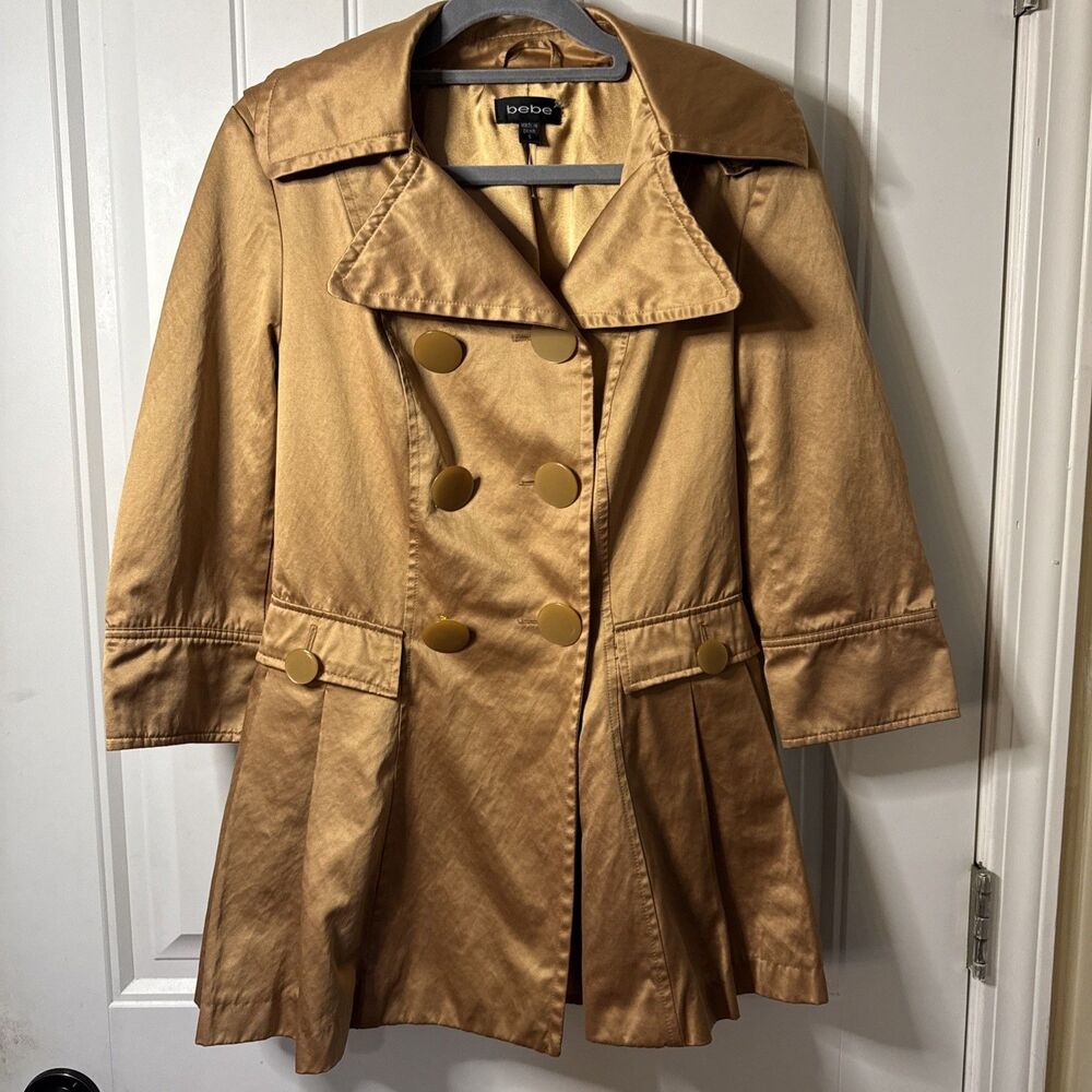 Bebe Gold Trench Coat Satin 3/4 Sleeve Academia Quiet Luxury Old Money Small
